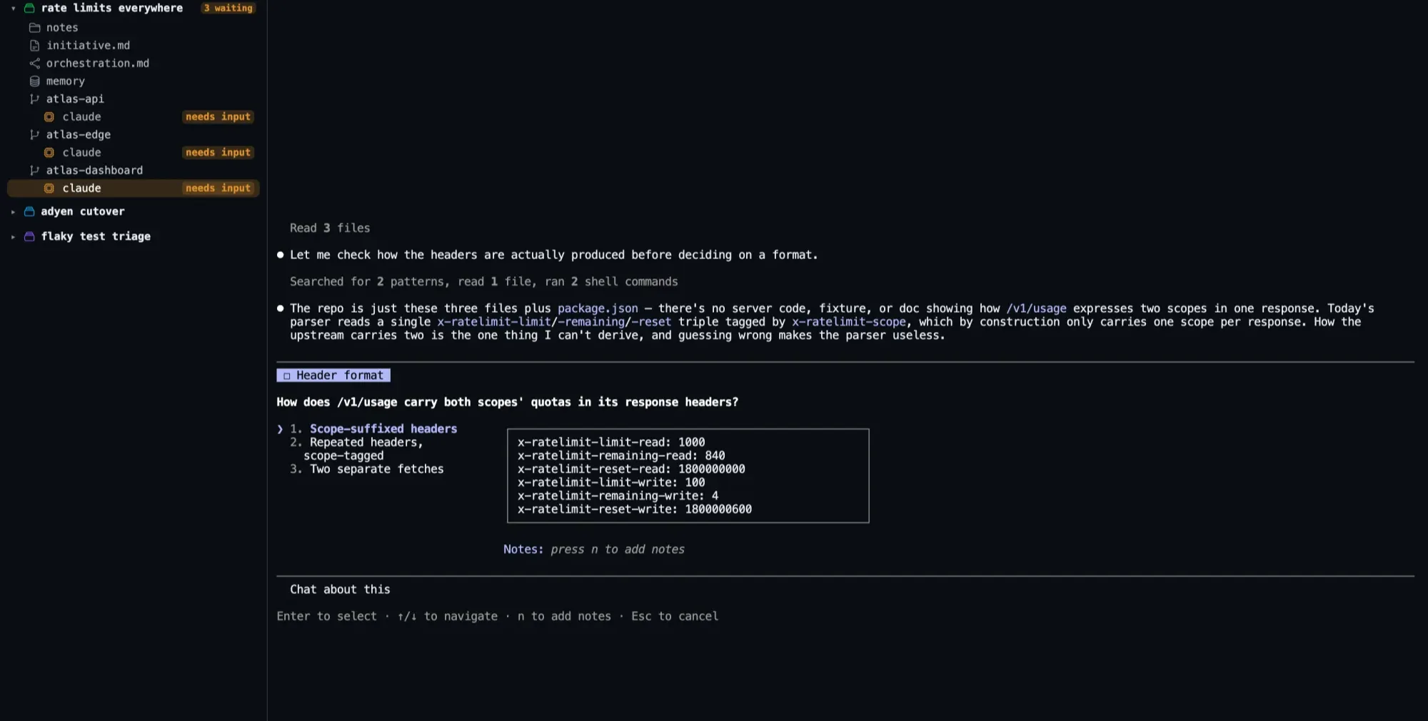 Codrift sidebar showing an initiative with 3 waiting, while an agent asks how the usage endpoint should carry two rate-limit scopes