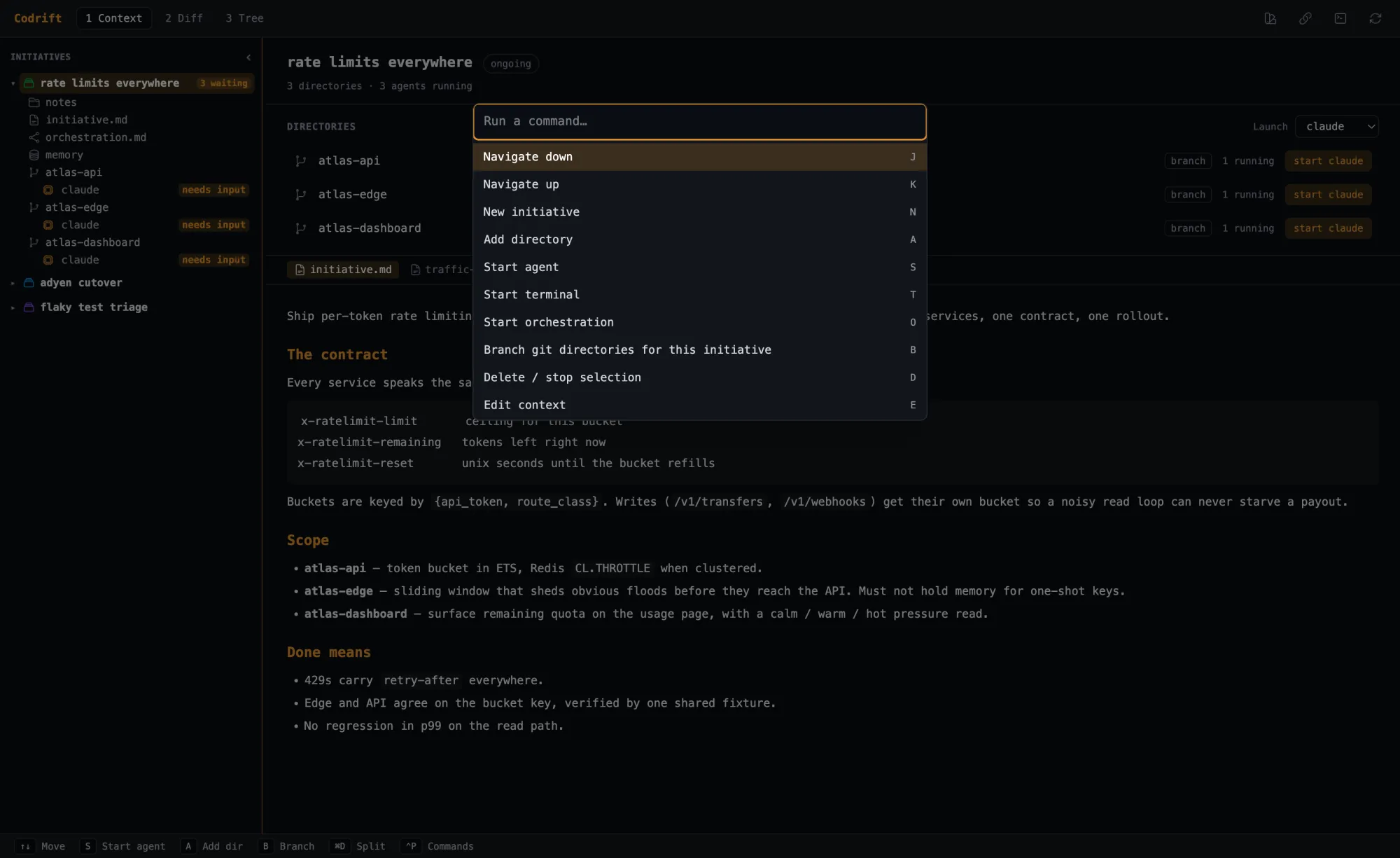 Codrift command palette listing every action with its current key binding