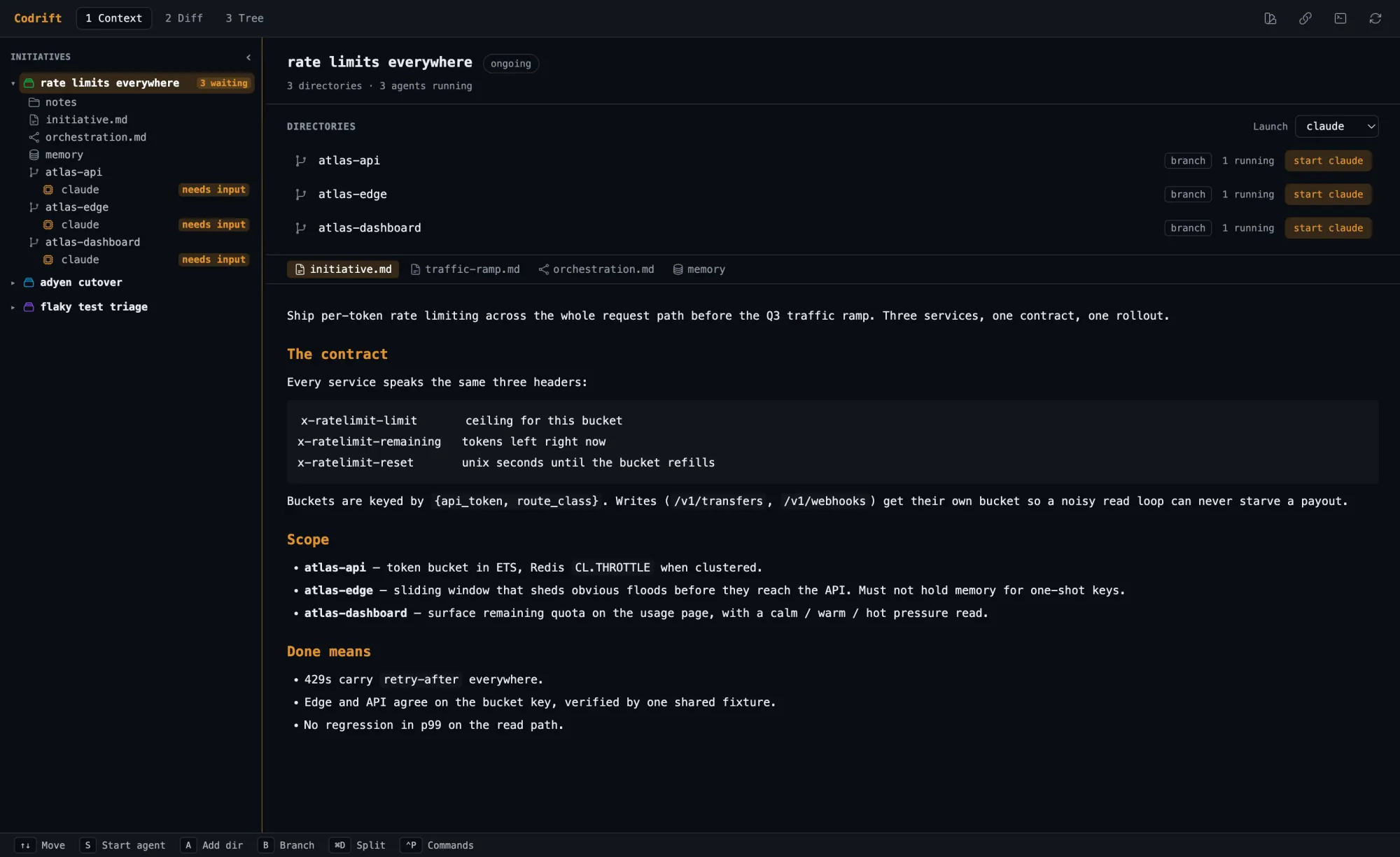 Codrift context view: the initiative brief rendered as markdown beside the directory list