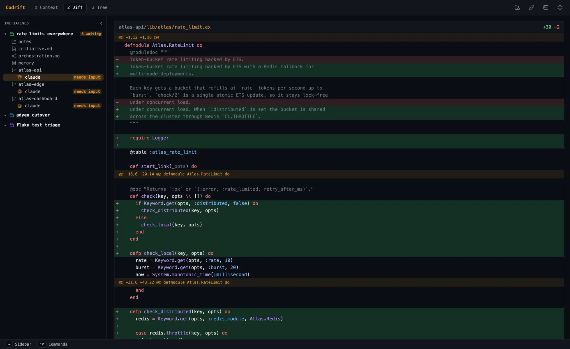 Codrift diff view showing syntax-highlighted additions and deletions in lib/atlas/rate_limit.ex with a plus thirty, minus two summary