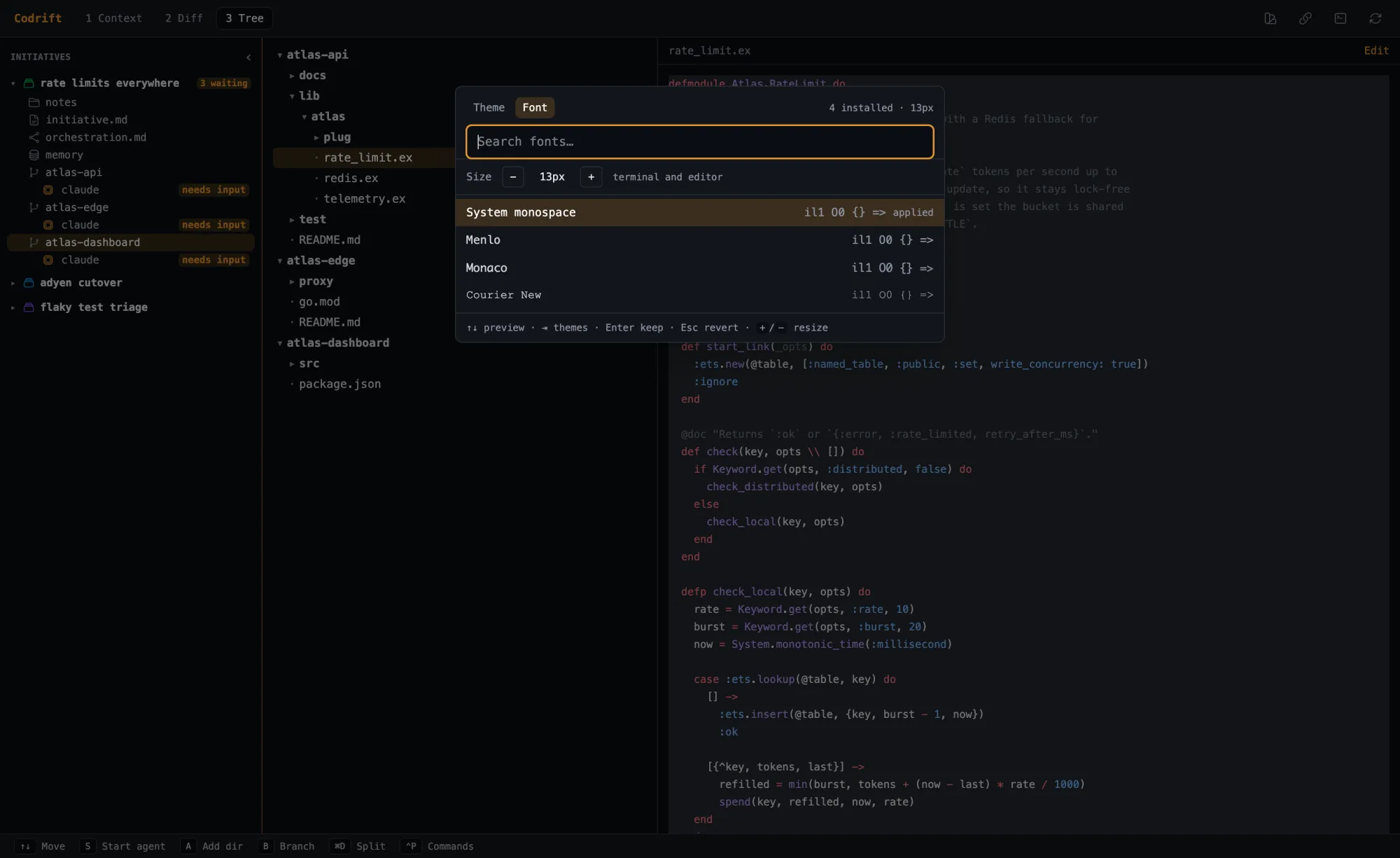 Codrift font picker showing installed monospace families and a size stepper
