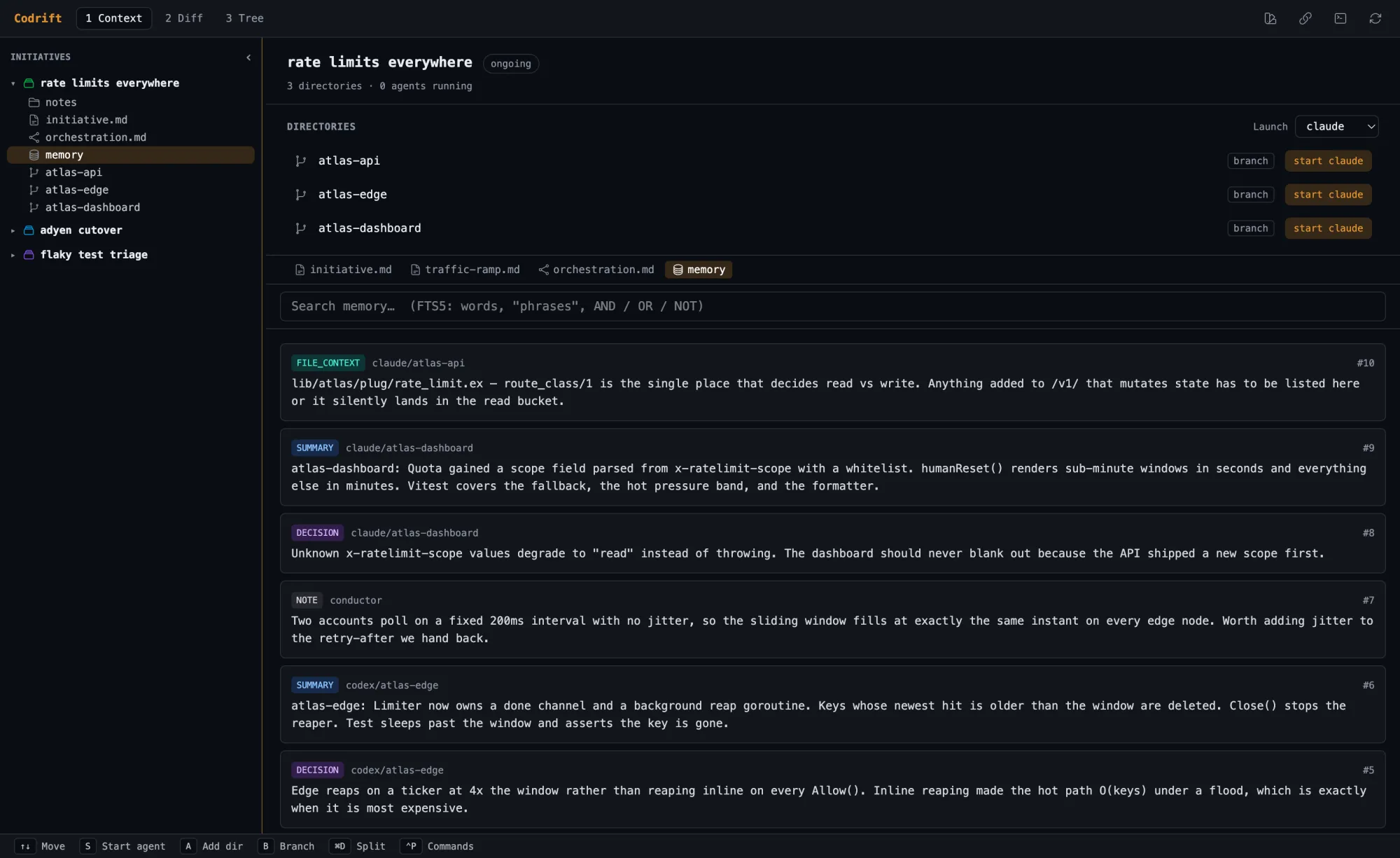Codrift memory view listing decision, summary, snippet and note entries with a full-text search box
