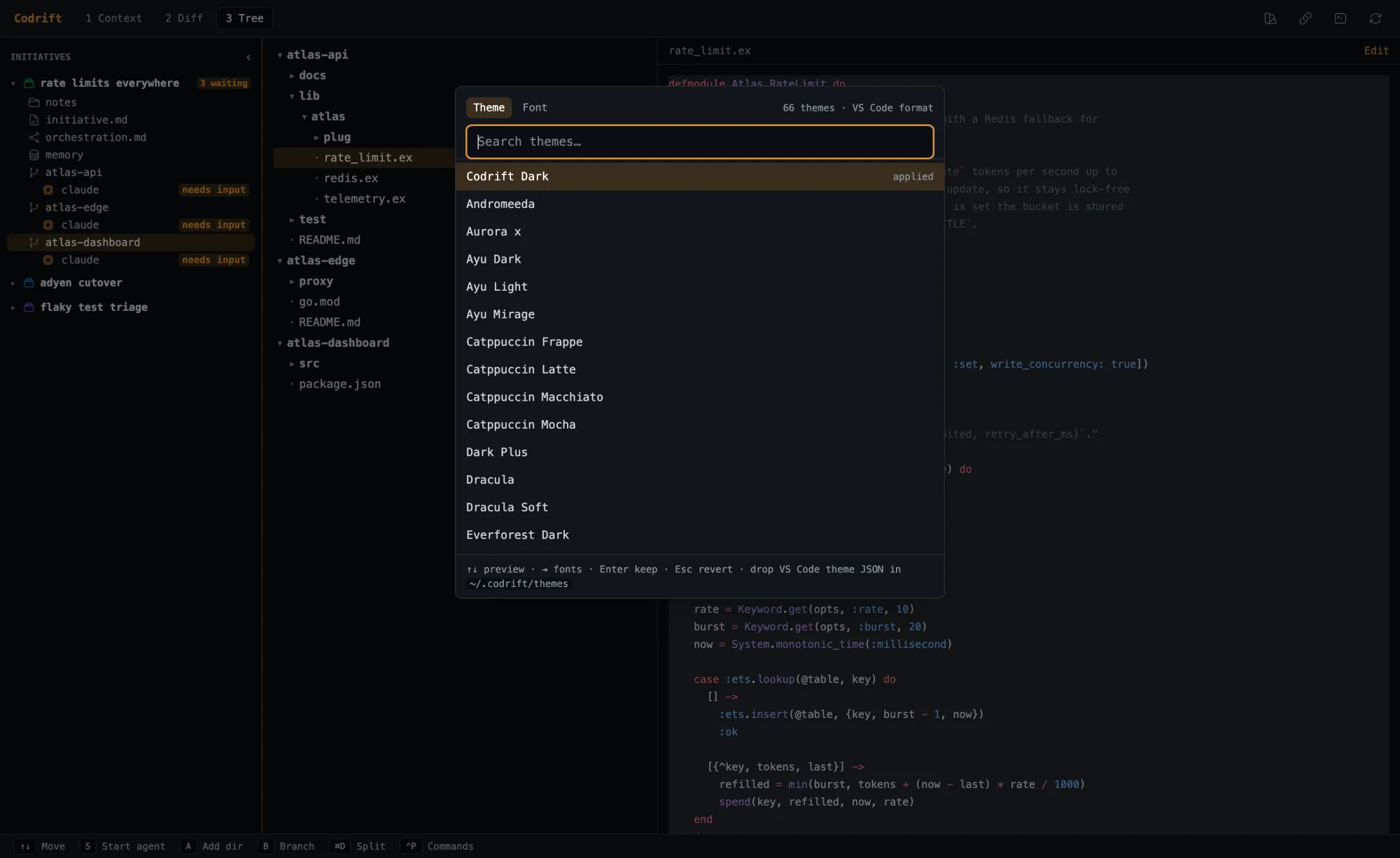 Codrift theme picker filtering sixty-six bundled VS Code themes