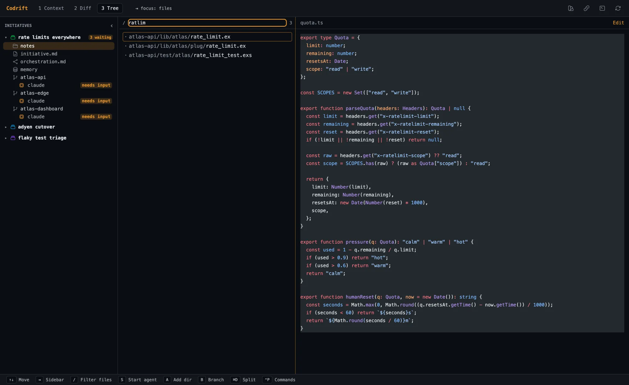 Fuzzy file filter in the Codrift tree view narrowing to three rate limit files